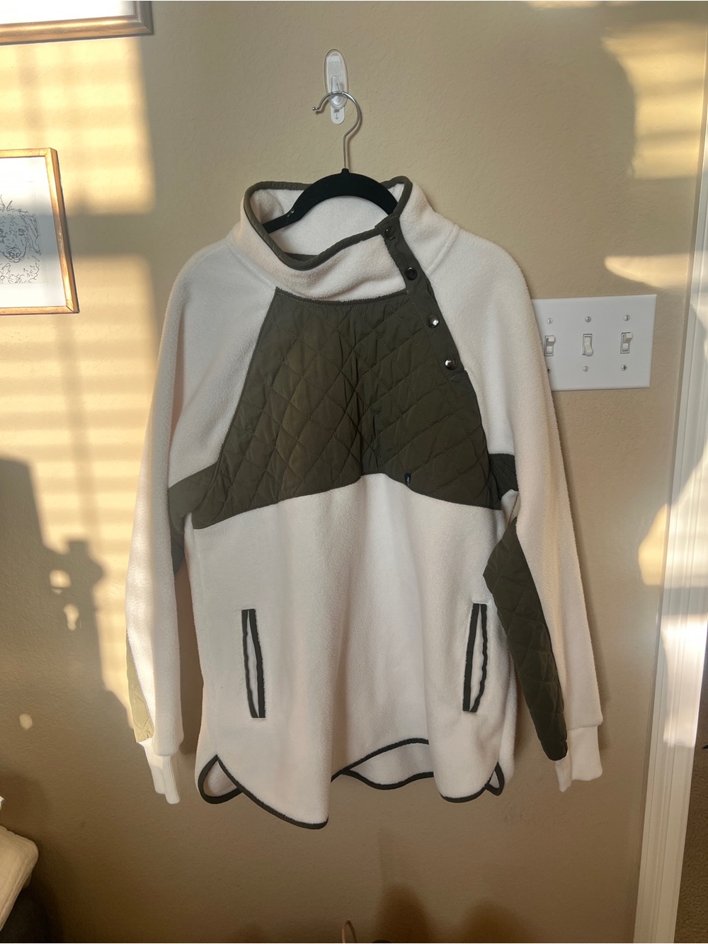 Quilted Panel Cream and Olive Fleece Pullover Jacket